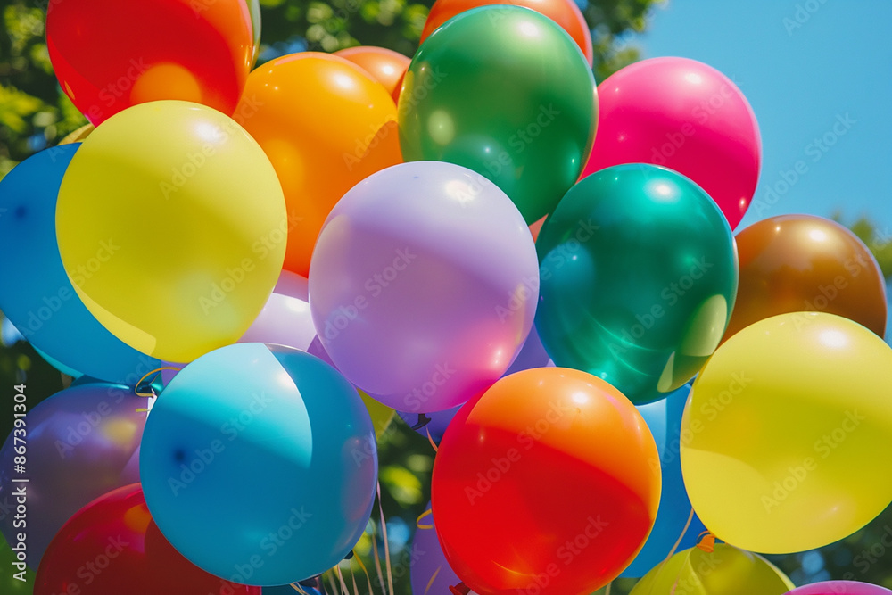 A vibrant cluster of colorful balloons against a bright blue sky, capturing the essence of a festive celebration and joy. A vibrant cluster of colorful balloons against a bright blue sky, capturing the essence of a festive celebration and joy.
