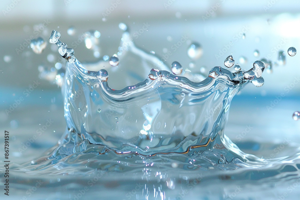 Close-up of a water splash crown with droplets frozen in motion, capturing the beauty of liquid dynamics. Close-up of a water splash crown with droplets frozen in motion, capturing the beauty of liquid dynamics.