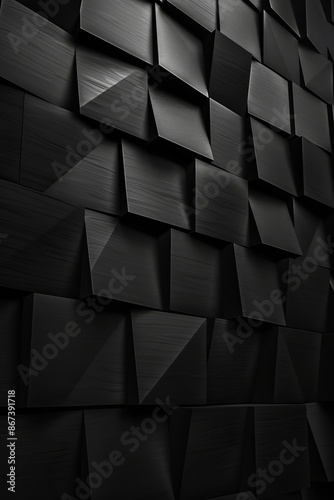An image showcasing a dark, 3D geometric pattern that creates a textured wall appearance