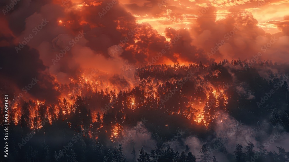 raging wildfire engulfs dense forest billowing smoke fills air apocalyptic scene with vibrant oranges and reds against darkening sky raging wildfire engulfs dense forest billowing smoke fills air apocalyptic scene with vibrant oranges and reds against darkening sky