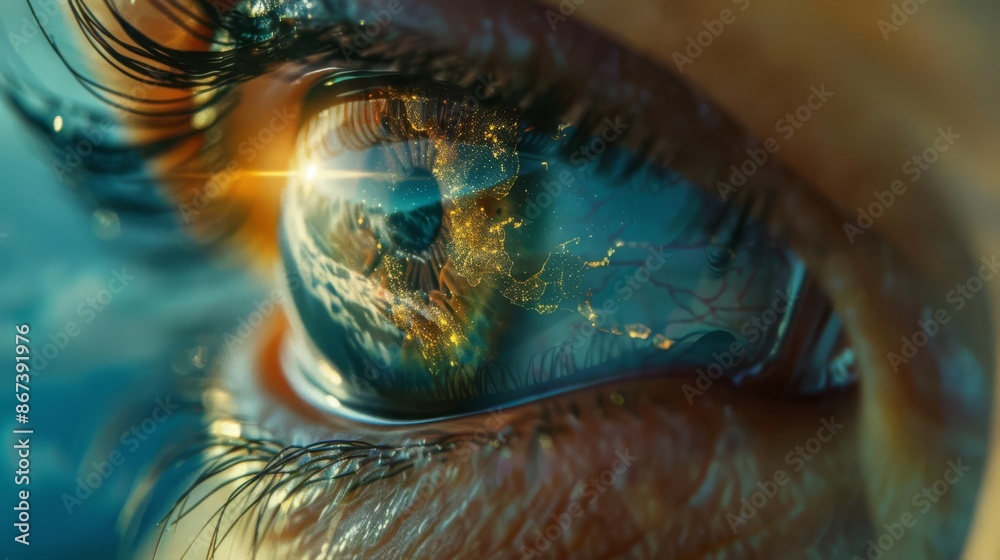 Closeup of an eye with crystalclear reflections of a building and Earth, showcasing depth and perspective Closeup of an eye with crystalclear reflections of a building and Earth, showcasing depth and perspective