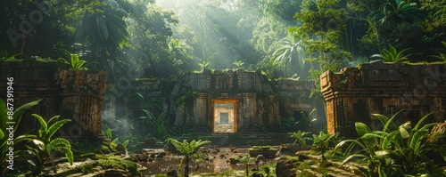 Ancient Mayan ruins nestled in a dense jungle, archaeological treasure, tropical history, cultural heritage.