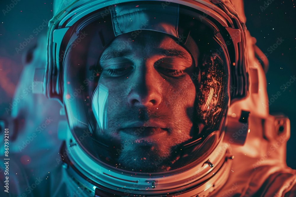 Closeup Generative AI picture of astronaut male female floating through space galaxy planet moon stars Closeup Generative AI picture of astronaut male female floating through space galaxy planet moon stars
