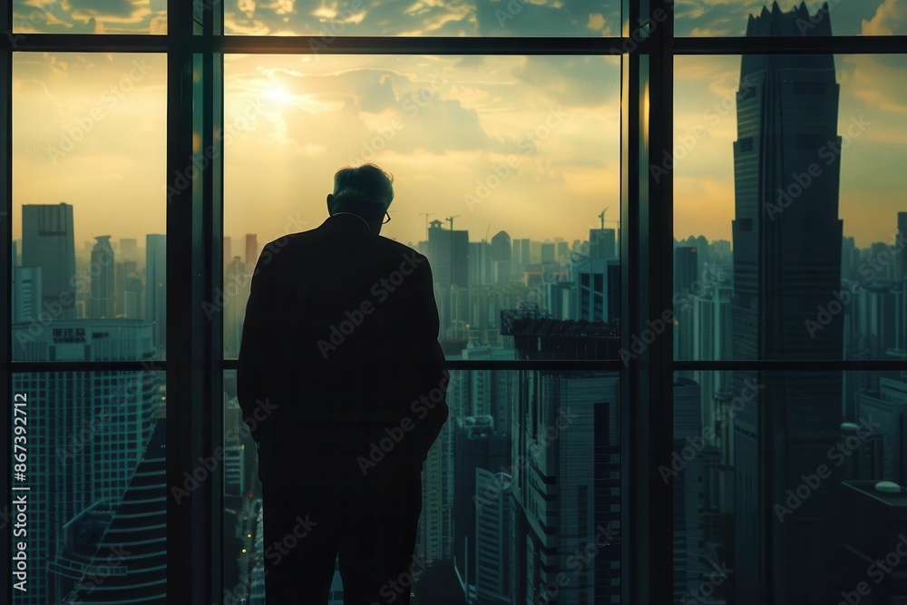 silhouette of an elderly businessman gazing out a highrise office window cityscape and skyscrapers stretching to the horizon conveying contemplation and ambition silhouette of an elderly businessman gazing out a highrise office window cityscape and skyscrapers stretching to the horizon conveying contemplation and ambition