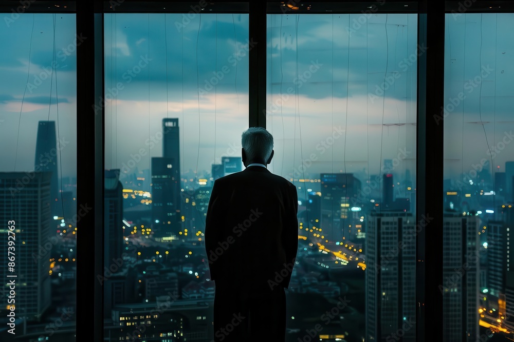 silhouette of an elderly businessman gazing out a highrise office window cityscape and skyscrapers stretching to the horizon conveying contemplation and ambition silhouette of an elderly businessman gazing out a highrise office window cityscape and skyscrapers stretching to the horizon conveying contemplation and ambition