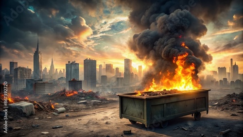 Ablaze dumpster amidst desolate, ravaged cityscape with smoke-filled horizon and charred buildings, symbolizing catastrophic societal collapse. photo