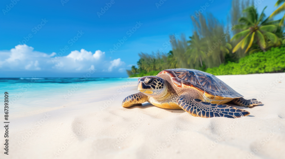 Obraz premium Sea Turtle on the tropical sandy beach with ocean waves. tropical background. Ocean foam macro and white sand with narrow focus background. travel and vacation concept, generative ai