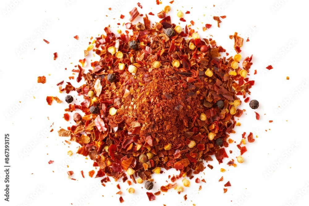 A collection of red and yellow spices on a white surface, great for food photography or spice-related illustrations