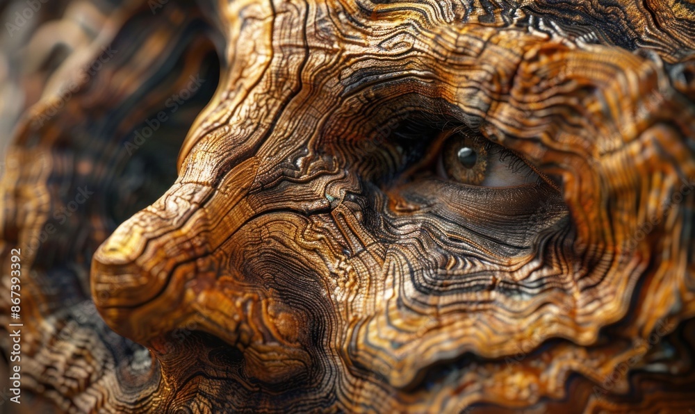 Human face carved from a piece of wood with wooden texture and rich colors, druid Human face carved from a piece of wood with wooden texture and rich colors, druid