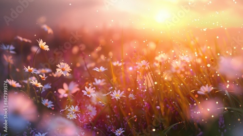 A meadow filled with flowers during sunset, with the flowers in the foreground captured in a realistic photo, backlit to emphasize their details © Oatthapon