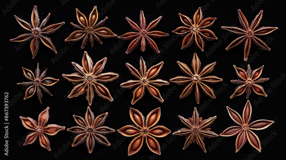 A bunch of star anise pods on a dark background A bunch of star anise pods on a dark background