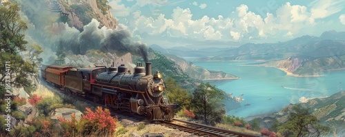 A steam locomotive chugging along a scenic mountain route, passengers enjoying the view. photo