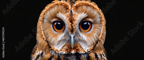 Close Up Portrait of a Grey and White Owl With Orange Eyes Against a Black Ba...