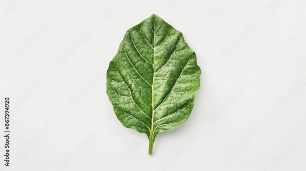 A single green leaf lying on a white surface A single green leaf lying on a white surface