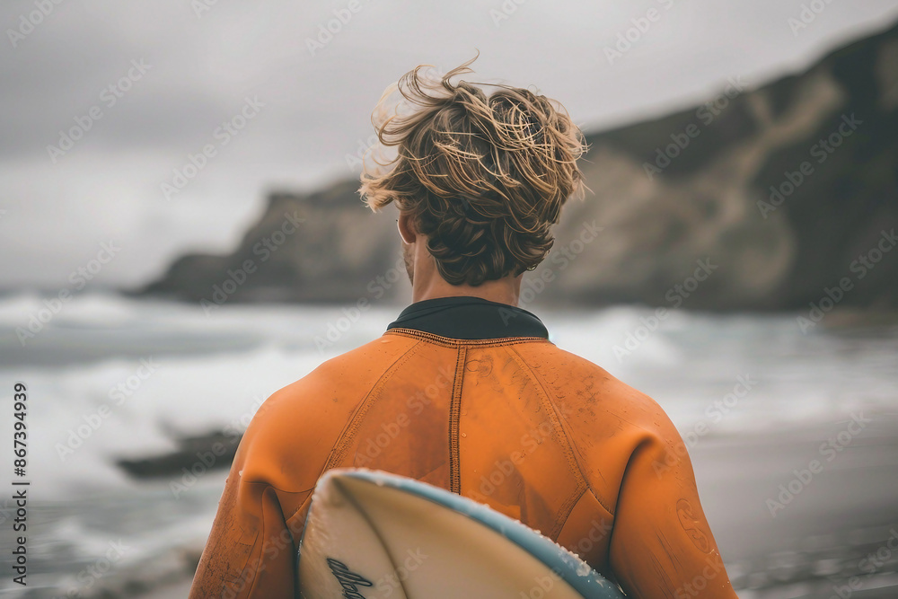 Fototapeta premium Hot summer day with beloved hobby, man woman child pet surfing catching waves sea ocean Generative AI