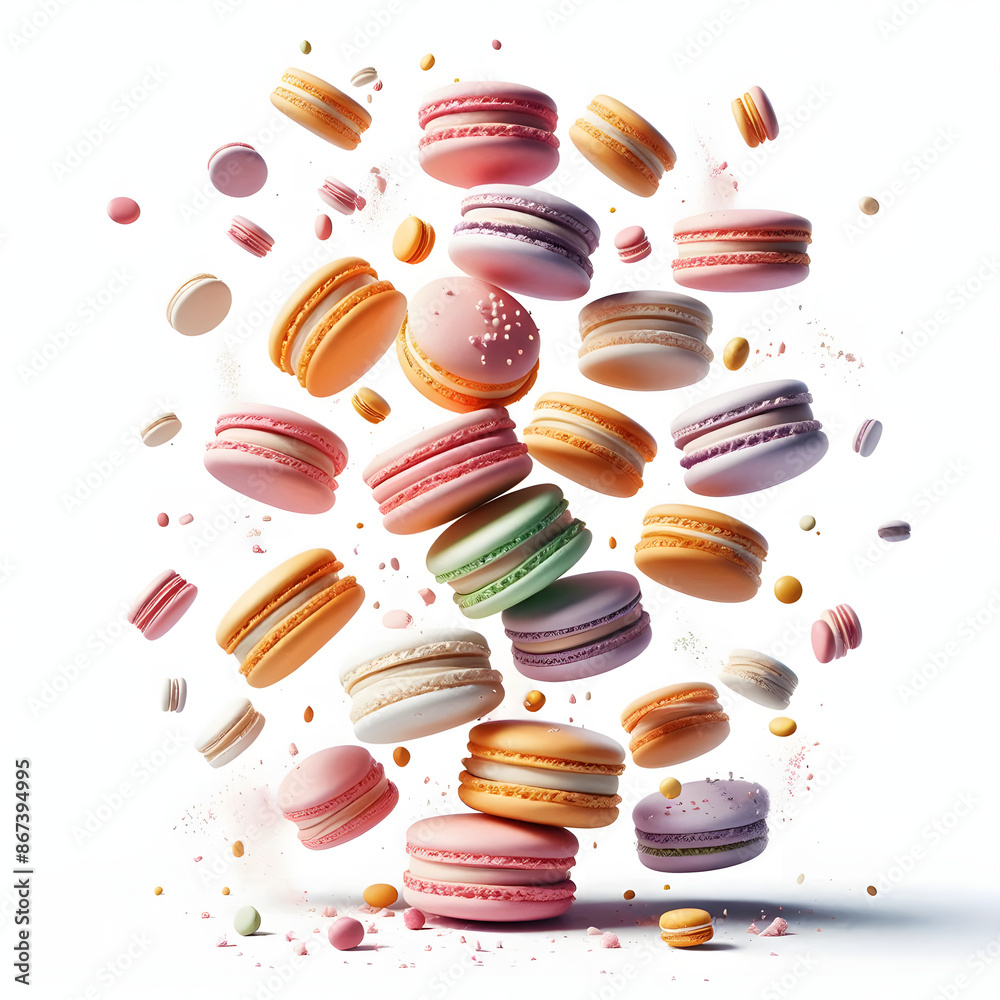 Obraz premium Isolated background image of colorful macarons falling down transparent background PNG.