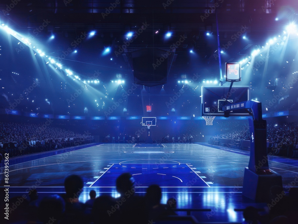 A basketball game in an arena with bright lights and a full crowd watching, dark. and blue lighting A basketball game in an arena with bright lights and a full crowd watching, dark. and blue lighting