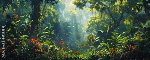 A dense rainforest teeming with life, its trees towering overhead and its undergrowth filled with exotic plants and animals.