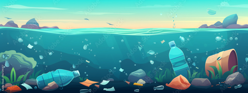 Naklejka premium Cartoon illustration of ocean bed full with waste and plastic garbage