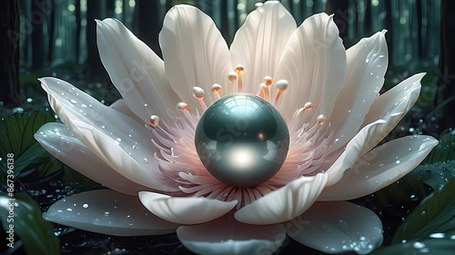 Image 8k finely drown with realistic style showing a pearl inside a lys flower on a forest, hight reality photo