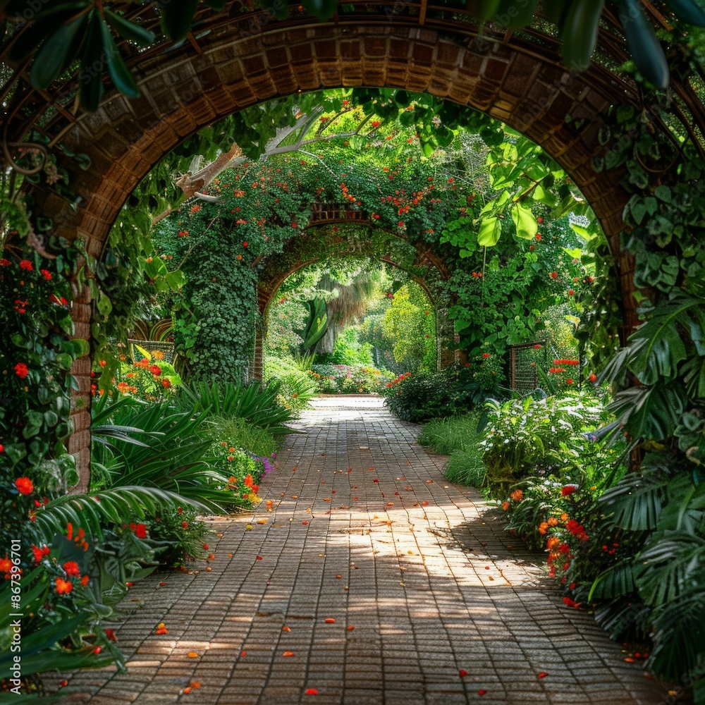 Obraz premium Enchanting garden pathway with archways covered in lush greenery and vibrant flowers, creating a serene and picturesque scene.
