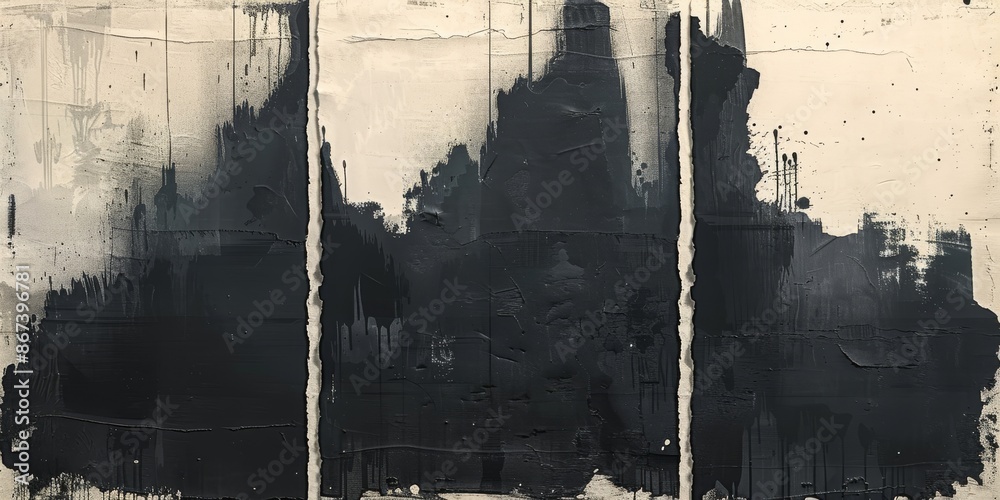 Obraz premium A striking abstract triptych featuring bold black shapes on a white background, creating strong contrast.