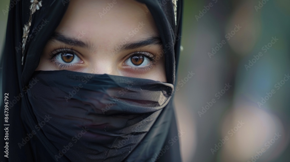 A close-up shot of a person wearing a veil, ideal for use in images about anonymity, secrecy or mystery A close-up shot of a person wearing a veil, ideal for use in images about anonymity, secrecy or mystery