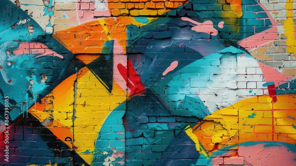 vibrant street art mural depicting urban life spraypainted on a crumbling brick wall in a gritty alley with bold colors and dynamic shapes creating a powerful visual statement vibrant street art mural depicting urban life spraypainted on a crumbling brick wall in a gritty alley with bold colors and dynamic shapes creating a powerful visual statement