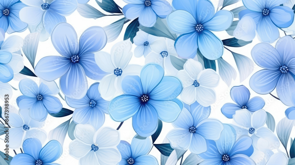 Fototapeta premium Seamless floral pattern. Blue flowers, and leaves. Seamless background for wrappers, fabrics, wallpapers, postcards, greeting cards, wedding invitations, banners, 3d rendering, generative ai