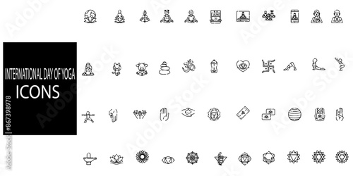 Set of 40 outline Yoga icons.International day of yoga line icons set.include massage, yoga, spa, relaxation, health, exercise, diet, wellbeing.Vector illustration.