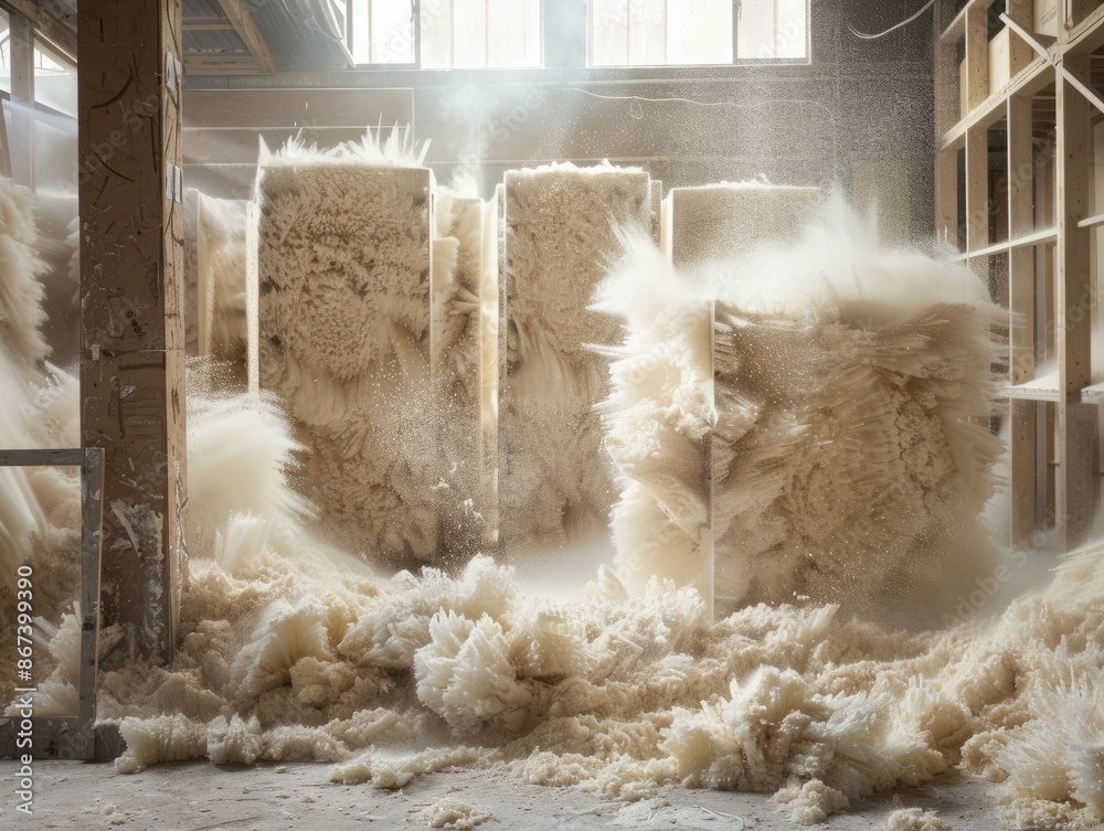 Fuzzy forms surrounded by sawdust in a studio Fuzzy forms surrounded by sawdust in a studio