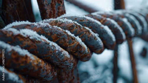 A close-up shot of a rusty old fence covered in snow, perfect for winter-themed or rustic backgrounds