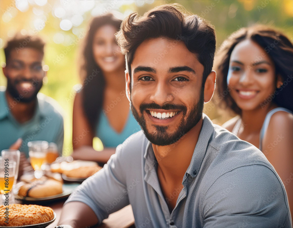 Fototapeta premium Happy Man Celebrating Birthday with Family and Friends in a Backyard Party