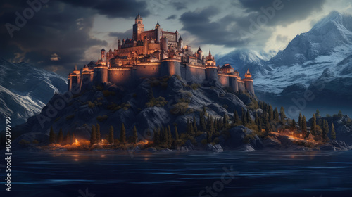 Medieval castle. Fortress on the rock. Fantasy background with a mysterious medieval castle. digital art, generative ai © Fang