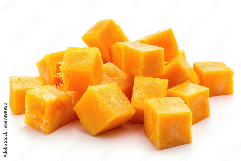 A stack of yellow mango cubes forming a tower, ideal for food photography or illustration A stack of yellow mango cubes forming a tower, ideal for food photography or illustration