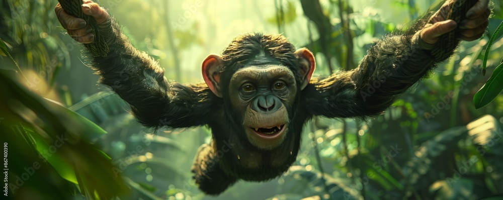 A mischievous chimpanzee swinging from branch to branch in a lush jungle. A mischievous chimpanzee swinging from branch to branch in a lush jungle.