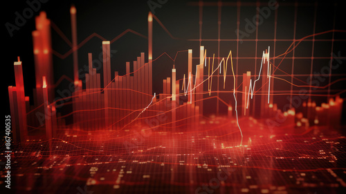 Abstract falling red crisis forex chart grid. Recession, trade and downfall concept. trading stock market, investment concept, virtual trading graph in office blurred background, generative ai