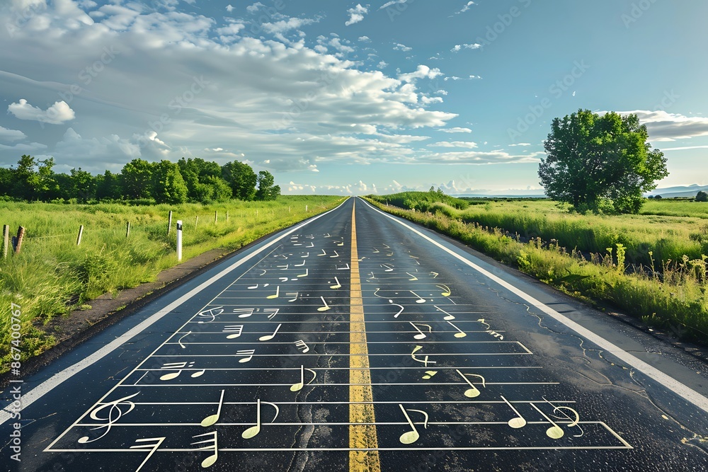 Fototapeta premium A road that is a series of musical staves, with notes forming the directions