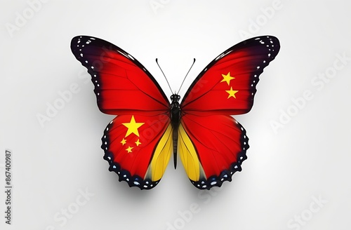 National flag of country in form of butterfly with red and black wings on gray background. Independence Day, decorative element or print for wallpaper design, packaging, clothing. logo symbol China © Anna