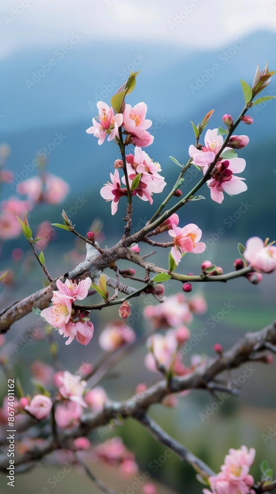 Blooming peach tree branch with delicate pink flowers in spring, symbolizing new life and tranquility in the garden Blooming peach tree branch with delicate pink flowers in spring, symbolizing new life and tranquility in the garden