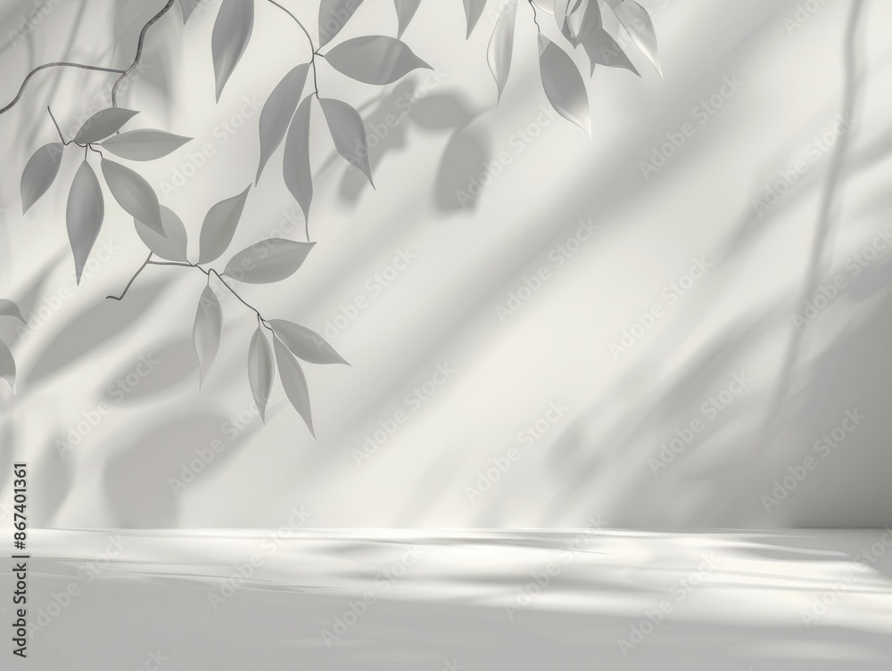 Minimalistic light background with blurred foliage shadow on a white wall. Beautiful background for presentation with with smooth floor. Minimalistic light background with blurred foliage shadow on a white wall. Beautiful background for presentation with with smooth floor.