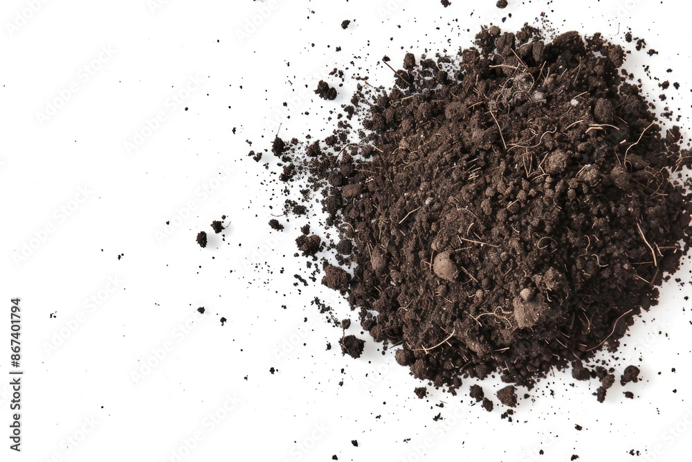 A heap of dirt sits on a clean white surface, ideal for use in illustrations or designs where a dirty or rugged texture is needed A heap of dirt sits on a clean white surface, ideal for use in illustrations or designs where a dirty or rugged texture is needed