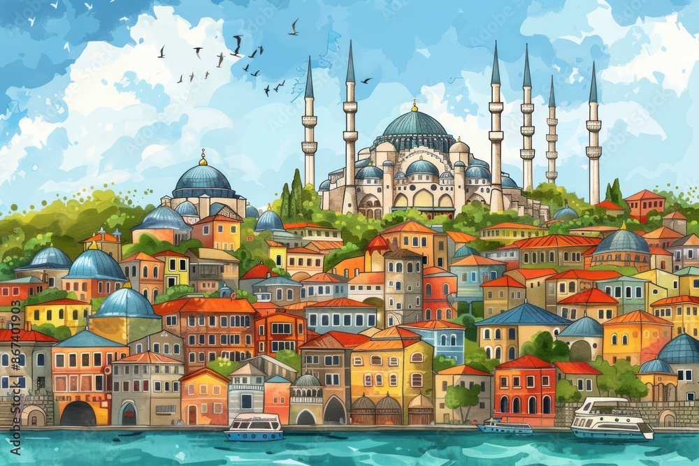 Obraz premium Artistic image of Istanbul with mosque, Storybook Illustration