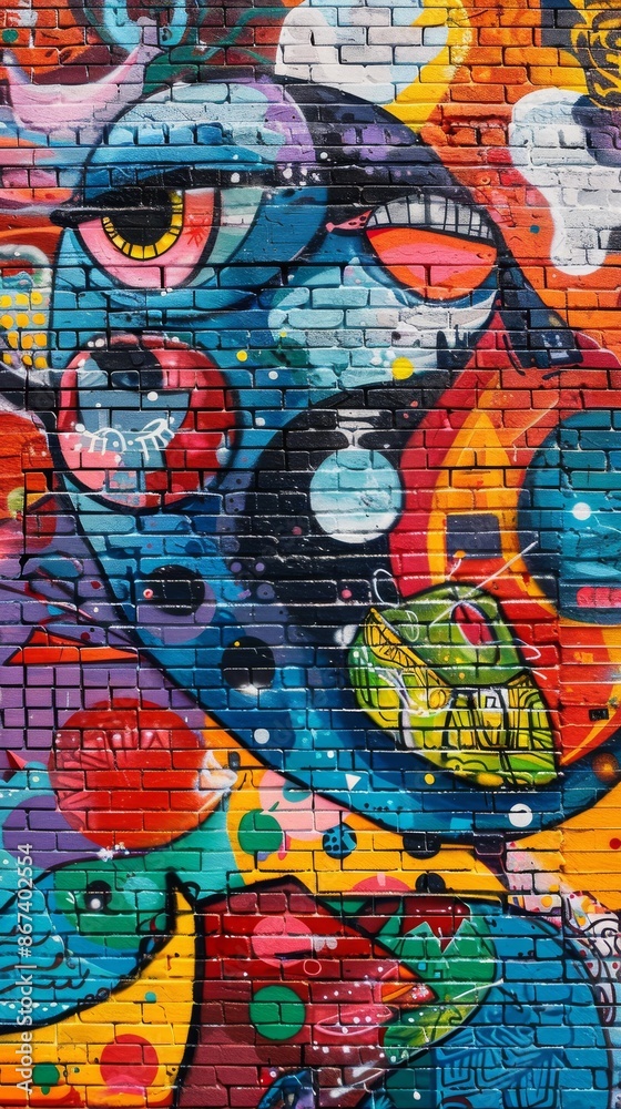 Obraz premium Vibrant street art covering a brick wall. Showcasing a cartoon-like design with bold colors and abstract shapes. This urban artwork adds a touch of creativity and visual interest to the public space