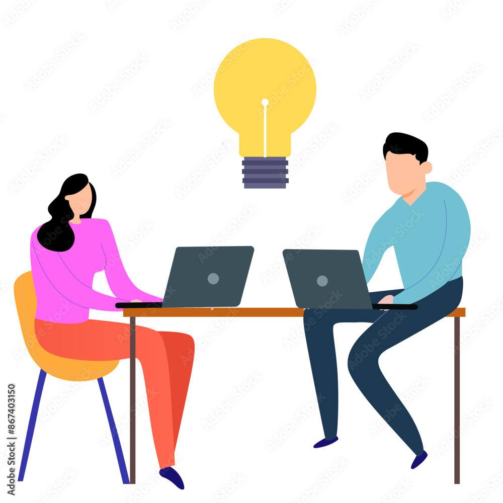 Businessman and businesswoman working in office. Man and woman sitting at table with laptops. Vector illustration in flat style Businessman and businesswoman working in office. Man and woman sitting at table with laptops. Vector illustration in flat style