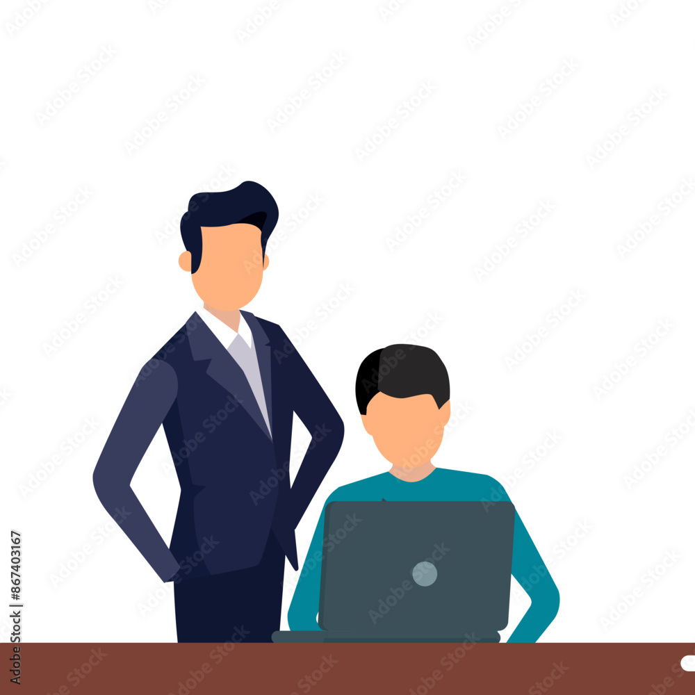 Business people working with laptop in office. Vector illustration in flat style Business people working with laptop in office. Vector illustration in flat style