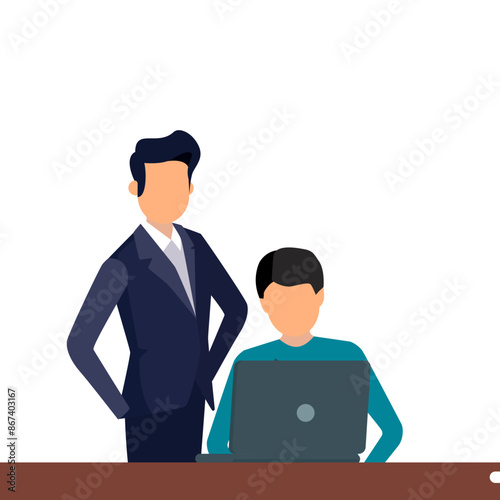 Business people working with laptop in office. Vector illustration in flat style