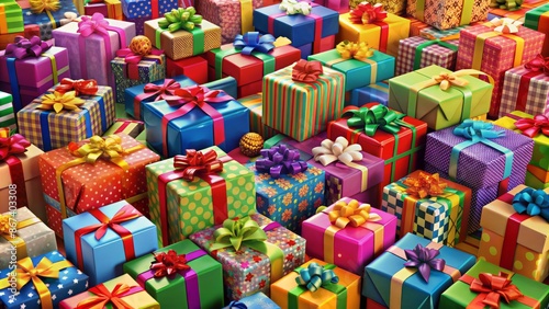 Assorted vibrant gift boxes of diverse shapes and sizes overflowing with colorful presents and ribbons in a messy display.