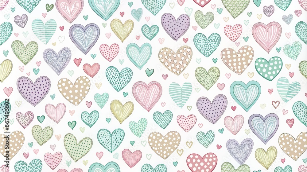 Whimsical hand-drawn seamless pattern featuring assorted sized hearts in pastel hues on a clean white background, perfect for romantic designs. Whimsical hand-drawn seamless pattern featuring assorted sized hearts in pastel hues on a clean white background, perfect for romantic designs.