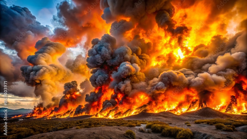 A blazing inferno of orange and yellow flames engulfing a charred, smoldering landscape with smoke billowing into the dark sky. A blazing inferno of orange and yellow flames engulfing a charred, smoldering landscape with smoke billowing into the dark sky.